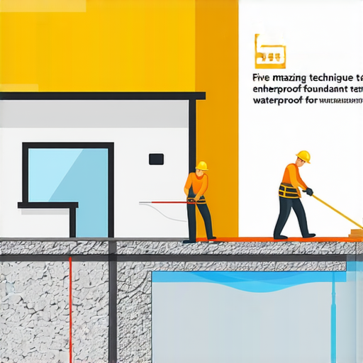 防水地基施工過程，工人使用專業工具進行防水處理，周圍環境整潔，強調五個提升防水效果的驚人技巧，讓房子不再擔心漏水，維護家庭安全。
