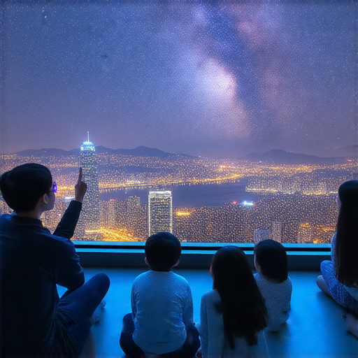 探索香港天文台的奧秘，外籍老師一對一教學英語，學員在天文台參加互動課程，背景為天文觀測設施及星空，啟程暢遊學習新體驗。