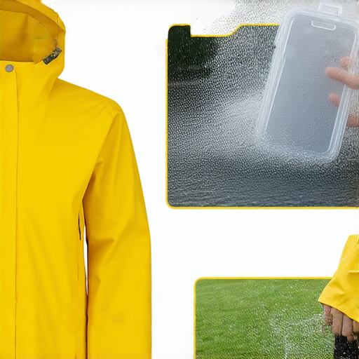 日常生活防水秘訣的圖片，展示各類防水產品與技巧，如防水外套、手機防水袋，以及潑水實驗，讓人輕鬆應對潑水困擾，保持乾爽舒適。