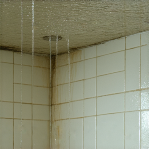 天花板滴水的情景，廁所內部一角，漏水原因探討，水跡清晰可見，呈現隱藏故事，揭示廁所維護的重要性，讓人思考家庭問題的背後秘密。