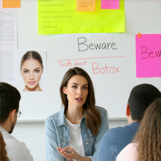 外籍英文老師在講解肉毒素的真相，旁邊有肉毒素的相關圖片和資訊，標題寫著警惕，吸引學員立即報名學習如何正確看懂肉毒素。