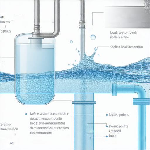 廚房滲水問題解析圖，展示漏水源識別過程，包括水管、漏水點和檢測工具，幫助用戶理解廚房漏水的原因和解決方法。