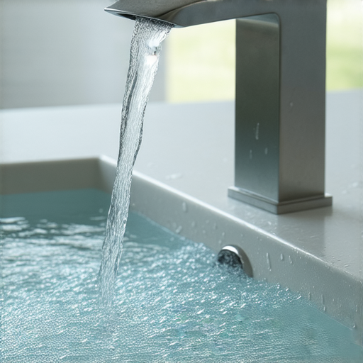 水龍頭特寫，流出清澈水流，展示其日常生活中的重要性，強調水龍頭在家庭中如何增進生活品質，及其對環保和節水的影響。