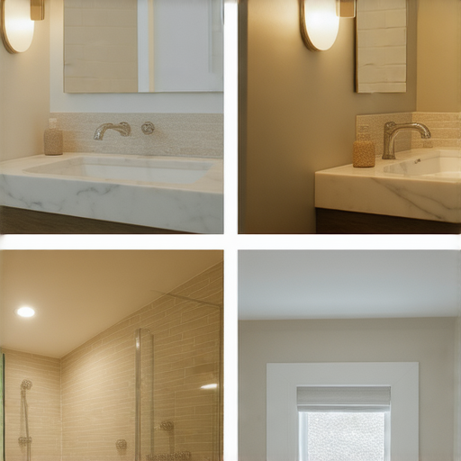 浴室燈與射燈的更換步驟，展示更換前後的效果，明亮的燈光讓空間顯得更寬敞，整體裝潢焕然一新，適合學習如何輕鬆更換照明設備。