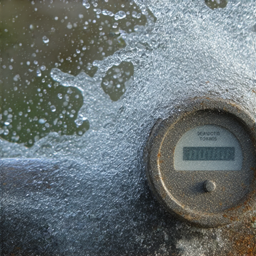 村屋水表狂跳的情景，顯示漏水的問題，背景中可見水滴和損壞的管道，提醒人們注意漏水的危險以及潛在的經濟損失，千萬別讓漏水沖走你的錢。