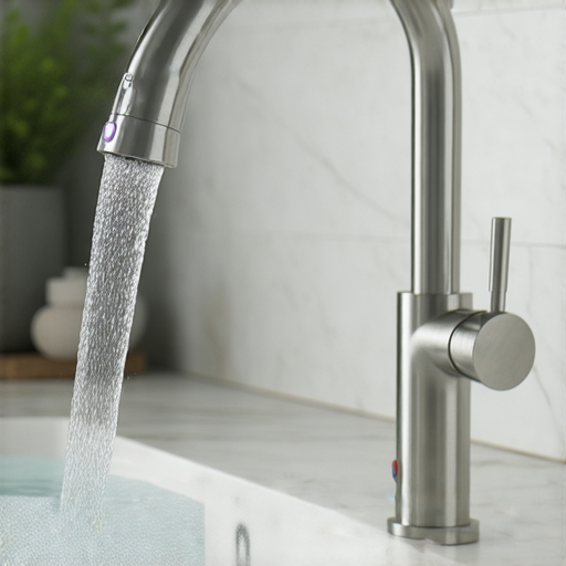 揭開傳統水龍頭的新面貌，顯示現代水龍頭設計，搭配健康水源系統，饒有興趣的家庭使用環保材料，表現出水的清潔與純淨，彰顯健康生活的理念。