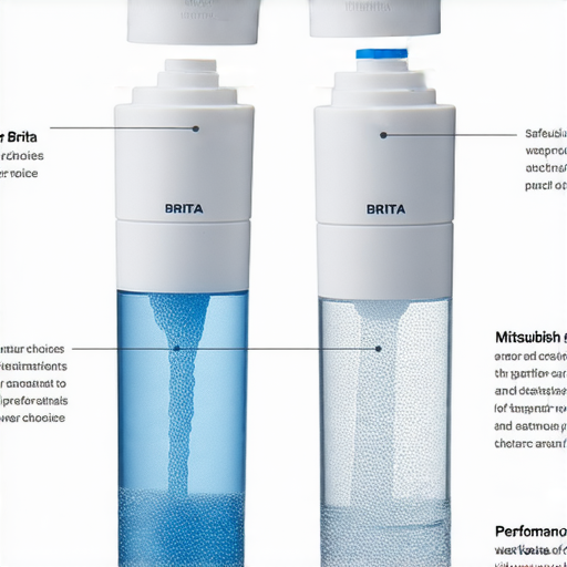 揭開水龍頭濾水器的秘密，Brita與三菱濾水器比較圖，展示濾水器設計與功能，強調讓水更安全的選擇，以及產品品牌標誌與性能特色。