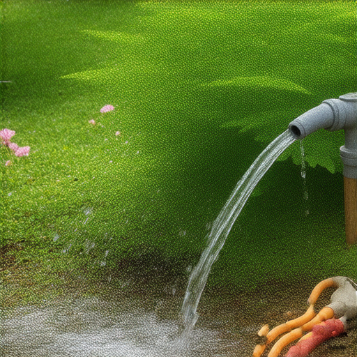 戶外水龍頭旁的花園場景，水管連接流出清水，園藝工具散落一旁，顯示如何巧用室外水源進行園藝活動，展現綠意盎然的生態環境。