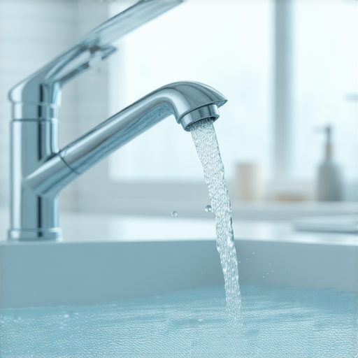 日本水龍頭的水流出清澈，背景是乾淨的廚房環境，展示了安全且可飲用的自來水，讓人驚訝的是日本的水質標準引發關注，揭開安全真相。