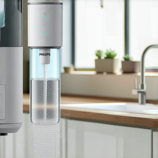 飛利浦水龍頭濾水器展示在廚房中，濾水器設計現代，搭配清澈的水流，強調高效濾水功能，讓人驚喜的乾淨飲水體驗，適合家庭使用。