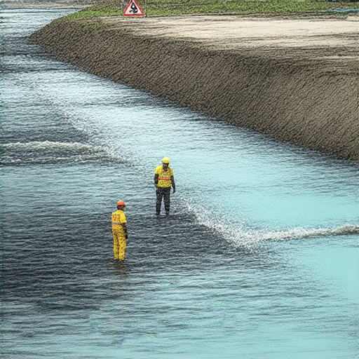 元朗明渠污水倒灌現象，顯示出水流異常情況，後方有工作人員調查原因，周圍環境受到影響，提醒居民警惕此情況並保持安全。