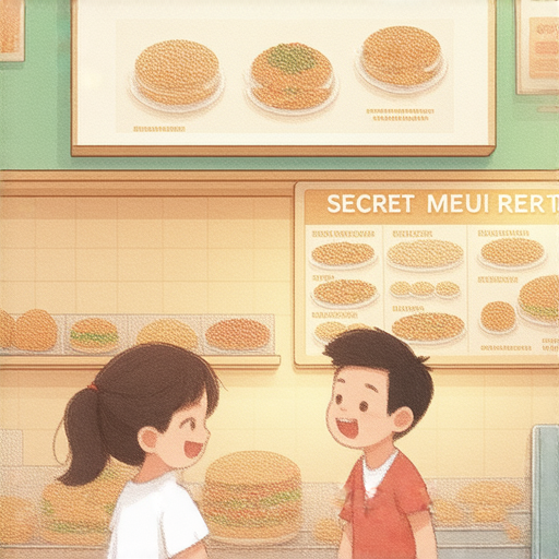 想學英文的學生與外籍老師互動，背景為連鎖餐廳的秘密菜單，強調學習英文的趣味性與吸引力，喚起探索美食的好奇心，助力提升英文會話能力。