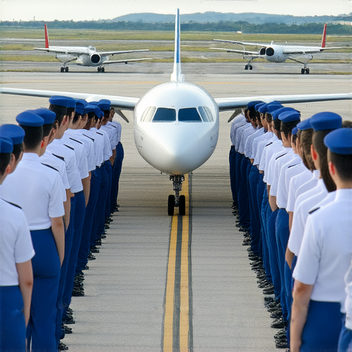 機組人員學習飛行英語的場景，外籍教師指導提升飛行英語自信，背景為飛行器和教學環境，強調語言學習與航空技能的重要性，讓機組人員自在飛翔。