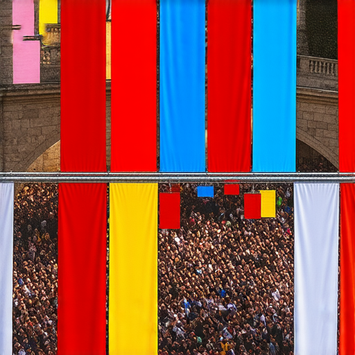 懸掛廣告的創意Banner展示，色彩繽紛的設計吸引目光，活動現場人潮湧動，展示8種創意掛Banner技巧，提升活動吸引力與視覺效果。