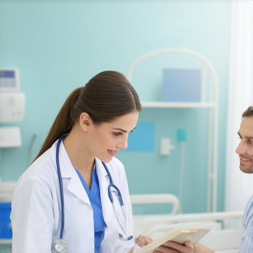 病人與外籍老師一對一學習英文，背景中可見醫療環境，老師專注引導，病人積極互動，呈現學習過程的故事性和文化交流，凸顯英語學習的重要性。