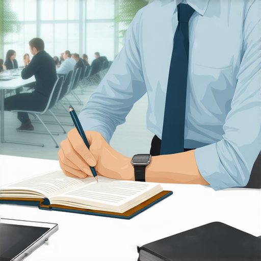 一位專業人士在辦公室中專心學習商務英語，背景有商務會議和筆記本，展現掌握商務英語的重要性以提升職場競爭力，開啟成功之路。