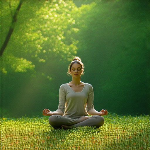 一位冥想者靜坐於大自然中，周圍環境充滿生機與色彩，象徵活在當下的精神，強調掌握每個瞬間，讓生活焕然一新，享受生活的美好。