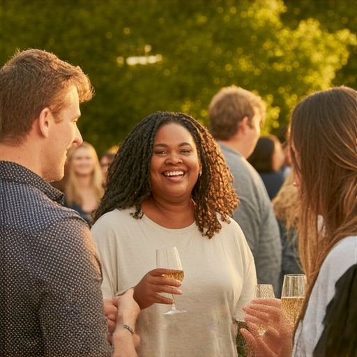 一個溫暖的社區聚會，人們微笑著互相交流，展現人情味的力量。活動中充滿了快樂的互動，強調在冷漠的現代生活中重燃友情與連結的暖心時刻。