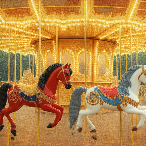旋轉木馬的特寫，色彩斑斕的馬匹在陽光下閃耀，象徵童年回憶的純真與快樂，背後隱藏著人生啟示，提醒我們珍惜每一刻的美好時光。