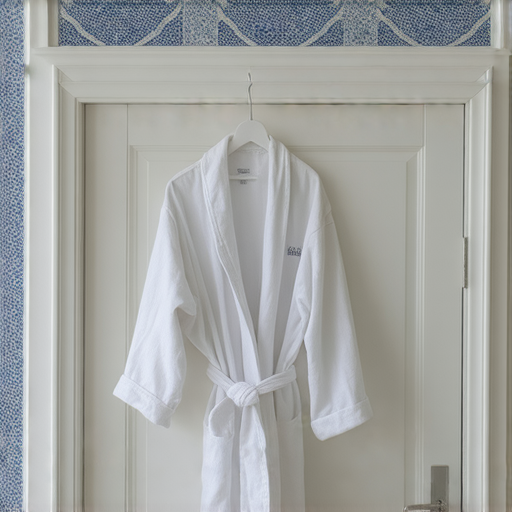 一件柔軟浴袍懸掛在浴室門後，背後是牆上的藍色裝飾。此圖展現浴袍的英文魅力，激發學習外語的新方式，增進對文化的理解。