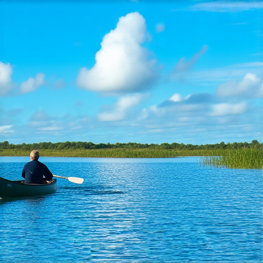 獨木舟在潺潺流水中前行，藍天白雲下的冒險者全神貫注，展現出在水上探索的極限與自由，傳遞著與自然結合的感受和挑戰。