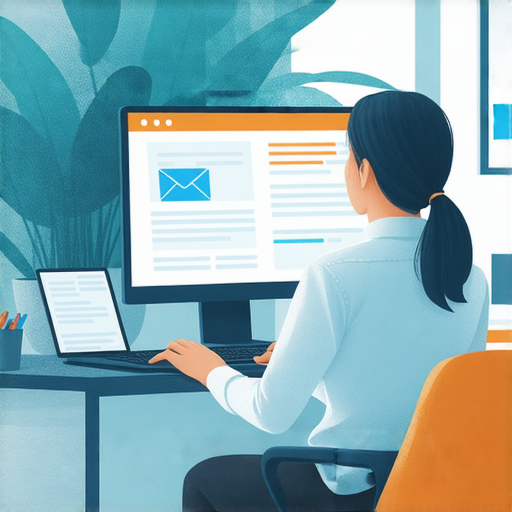 一位專業人士正在撰寫郵件，螢幕顯示完美的Email回覆技巧，吸引目光的郵件設計，強調如何讓郵件引人注目，促使讀者點擊了解更多。