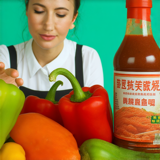 辣椒醬瓶子旁邊有外籍老師正在進行一對一英語教學，學生專注聆聽。背景有色彩繽紛的辣椒，象徵味覺與語言的雙重冒險，展現學習的樂趣與刺激。