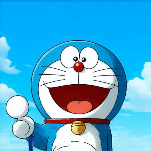 多啦A夢在陽光下微笑，手中拿著神奇道具，背後的城市風景色彩斑斕，揭示多啦A夢的五個不為人知的秘密，讓觀眾驚歎不已，生動展示其神秘魅力。