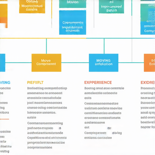 搬家策略圖示，展示搬家技巧與效率提升方法，包括使用箱子整理物品、安排搬運流程以及合理利用時間，提供搬家者實用建議與技巧，讓搬家過程更順利、高效。