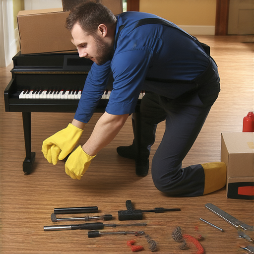 專業搬運人員小心搬運鋼琴，展示搬鋼琴的安全技巧，周圍有搬運工具和防護裝備，確保鋼琴安全無虞，揭開專業搬運的秘訣。