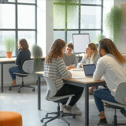 辦公室內部現代設計，學生正在與外籍老師學習英語，提升職場魅力，展現夢想辦公室的環境，促進英語教學與職場發展的完美結合。