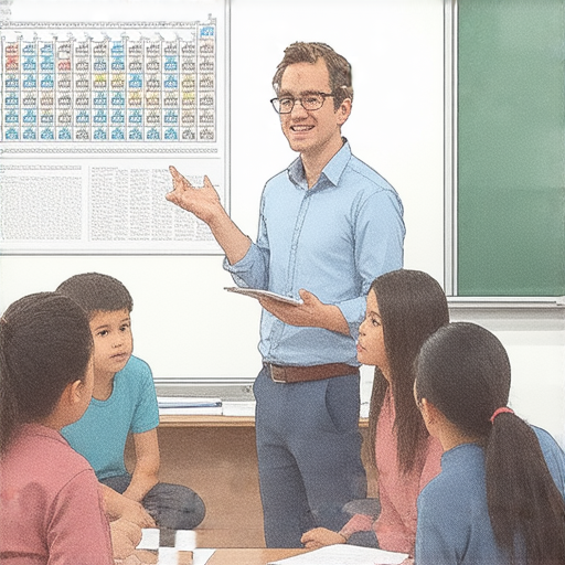 外籍英文老師教學場景，學生專注於稀土元素的學習，探索科技奧秘，提升英語能力，了解稀土在現代科技中的重要性，報名一對一課程，開啟新知之旅。