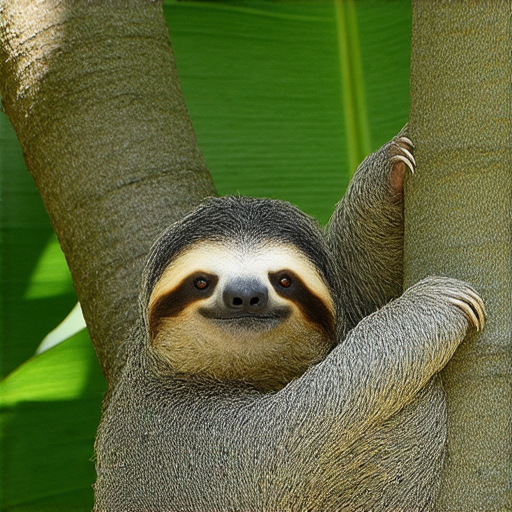 樹懶在樹上輕鬆懶散地掛著，陽光透過樹葉灑落，展現其優雅的生活方式，四周環繞著豐富的熱帶植物，是樹懶秘密生活的美麗瞬間。