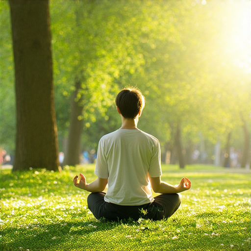 一位專注的人坐在陽光明媚的公園中，正在冥想和放鬆，背景有綠樹和花朵，象徵活在當下的方法，增強快樂與生產力的秘密。