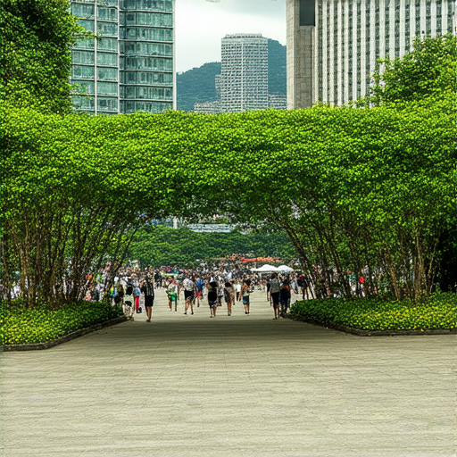 尖沙咀隱藏秘境的美麗街景，展示綠意盎然的小廣場與鬱鬱蔥蔥的植物，吸引遊客探索驚喜景點，背景有香港摩天大樓和繁華的商業區，展現城市與自然的和諧。
