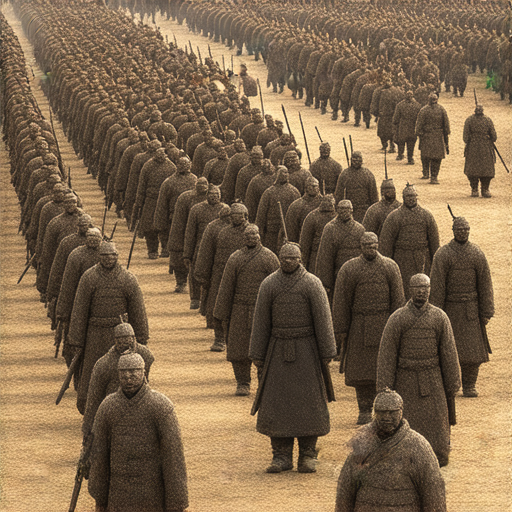 兵馬俑展示中國古代軍隊的塑像，揭示歷史的秘辛，展現軍事文化的偉大，細緻的工藝與勇士形象，探索古代兵器和軍隊布局之美。