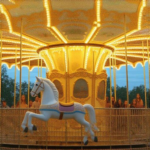 旋轉木馬的神秘面紗，展示精美雕刻和五光十色的燈飾，背景有歡樂的遊客，傳遞童年回憶和無盡故事，揭示不為人知的旋轉木馬歷史與魅力。