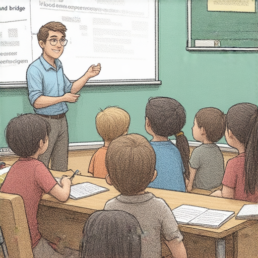 洪水與橋的英文秘密，外籍老師在教室中教授學生們如何流利表達與相關主題，場景中包含白板、教學資料及學生互動，展現語言學習的生動氛圍。