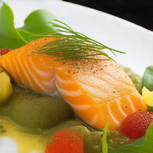 三文魚鮮美的料理展示，豐富的顏色和吸引人的擺盤，強調三文魚在健康飲食中的重要性，激發改變飲食習慣的渴望。