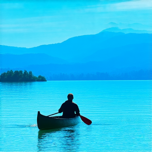 獨木舟探險活動中，一位划手專注駛向湖面，周圍風景如畫，天藍水清。這些秘訣能幫助你提升水上旅程，讓每次獨木舟探險都無與倫比。