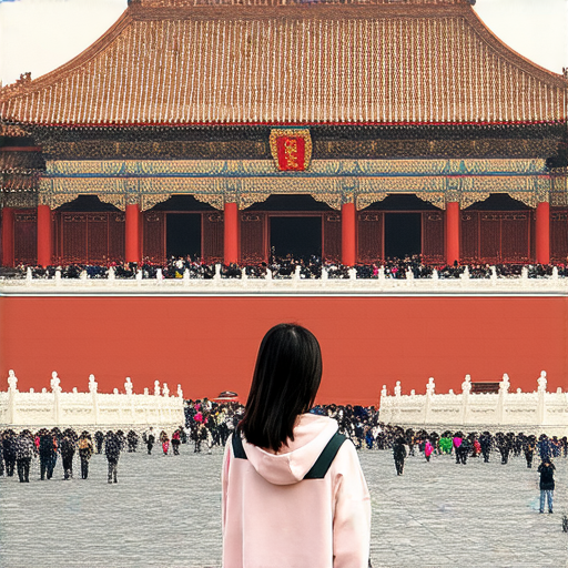 探索紫禁城的奧秘，一對一外籍英文老師帶領學習，學生積極參與，背景為壯麗的紫禁城建築，象徵中西文化結合，立即報名開啟英文之旅。