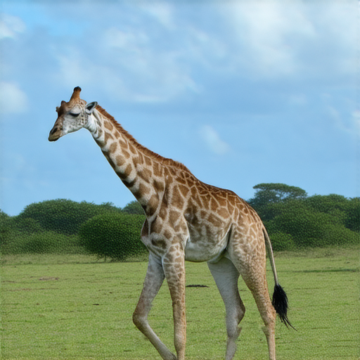 長頸鹿在草原上優雅地漫步，長長的脖子和斑駁的毛皮展現出其獨特魅力，背景是藍天和綠色樹木，揭示長頸鹿的神秘與驚人真相。