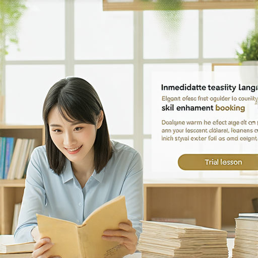 掌握燙金英文技巧的宣傳圖片，展示外籍老師與學生一對一教學的情景，突顯語言能力升級的機會，鼓勵立即預約體驗。