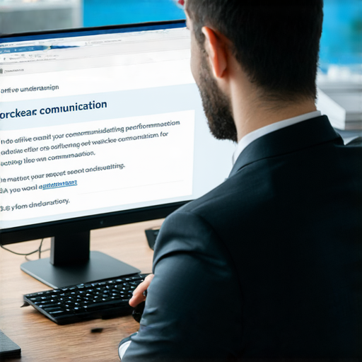 掌握商務郵件技巧的專業人士正在撰寫郵件，畫面中顯示電腦螢幕及簡潔的溝通界面，強調有效溝通的重要性，助力職場表現的提升，激活你的職場溝通秘密武器。