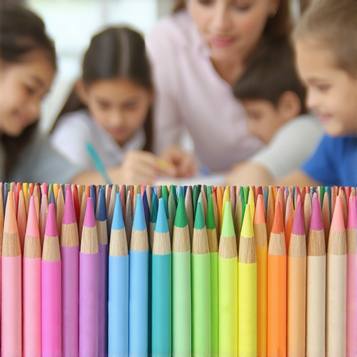 外籍英文老師帶領學生探索漿糊筆的創意寫作，圖中顯示老師與學生互動，桌上擺放著五顏六色的漿糊筆，展示創意和無限可能。