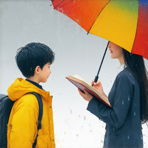 滂沱大雨中，學生與外籍老師一對一教學，專注探索英文奧秘，展現互動學習的熱情與興趣，創造獨特的英語學習體驗。