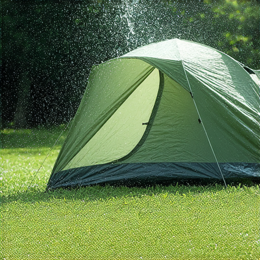 帳篷在雨中漏水的情況，露營者正使用防水材料加強帳篷，背景有樹木和露營設備，展示了破解帳篷漏水的五大防水祕訣，讓你安心露營。