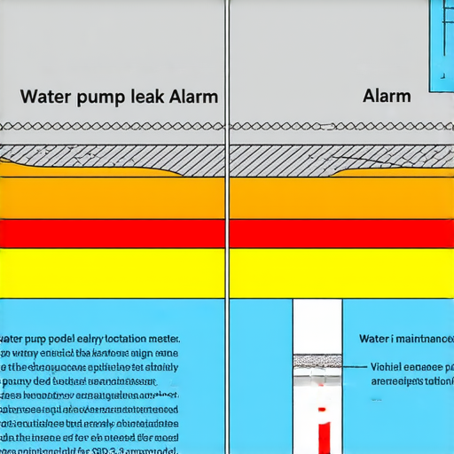 水泵漏水警報，檢查車輛隱患，展示水泵位置和漏水現象，提供解決方案的圖示，提醒車主注意車輛維護和安全檢查。
