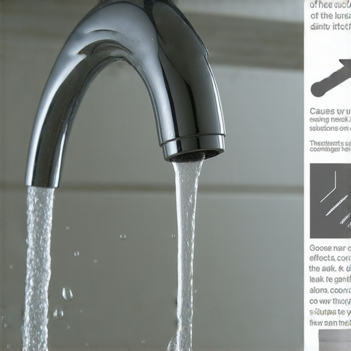 鵝頸龍頭漏水的特寫，顯示水流從接頭處滴出，並提供背景資訊，強調漏水原因、影響和解決方法，圖中有工具及維修說明，幫助用戶了解如何處理鵝頸龍頭漏水問題。