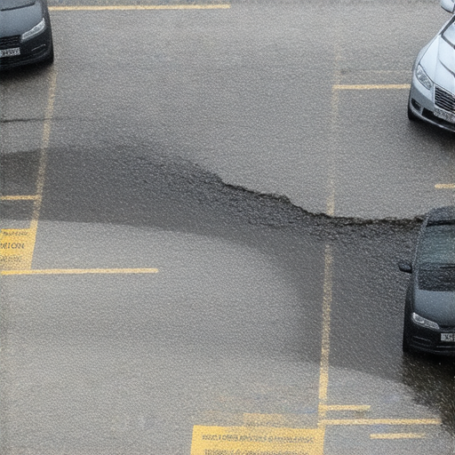 停車場漏水隱患曝光，顯示漏水情況與受影響的車輛，提醒駕駛者檢查車輛是否安全，避免潛在損害，確保車輛安然無恙。